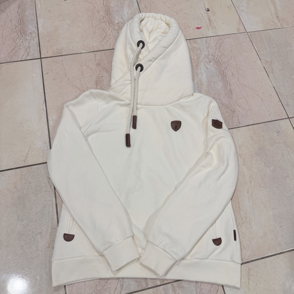 Wanakome Women's XL Cream Pullover Hoodie Cowl Neck Leather Patch Sweatshirt